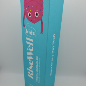 a blue box with a pink monster on it.